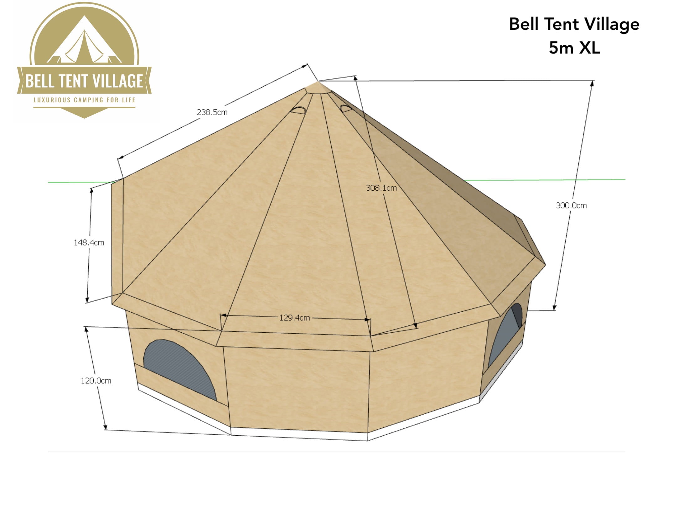 BTV 4 - XL (1.2m High Walls) Water Resistant & Fire Retardant Cotton Canvas Bell Tent With Stove Hole (Double Door)
